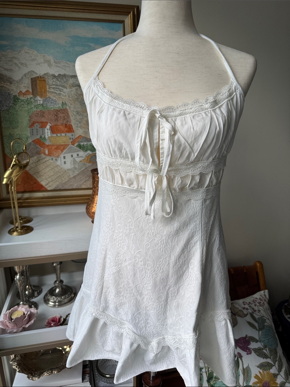 Delicate White Lace Halter Chemise with Tie Front - Picture 2 of 7